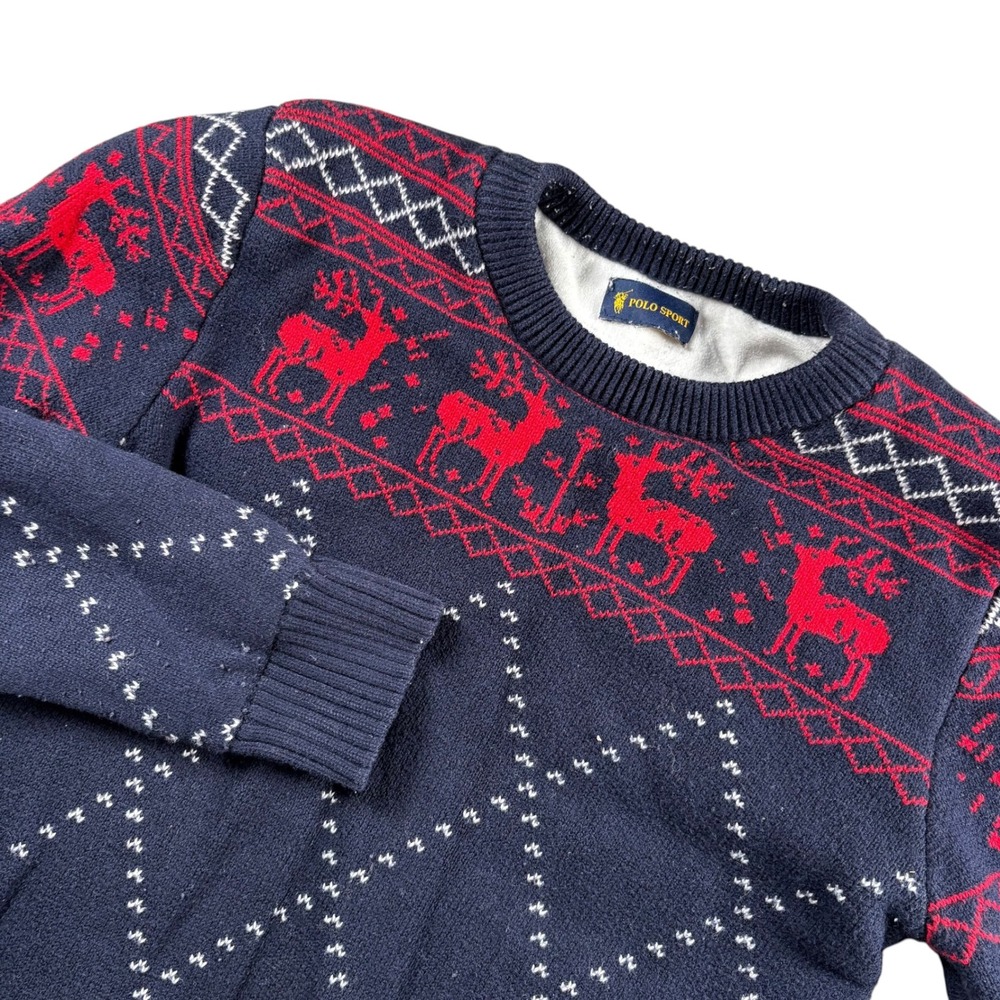 VTG Polo Sport Sweater Youth L Blue Reindeer Fair Isle Knit Lined Crewneck